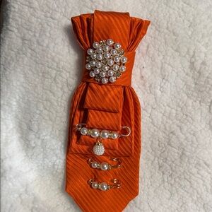 Orange Satin Neck Tie Necklace with Pearl Brooch & Safety Pin Accents